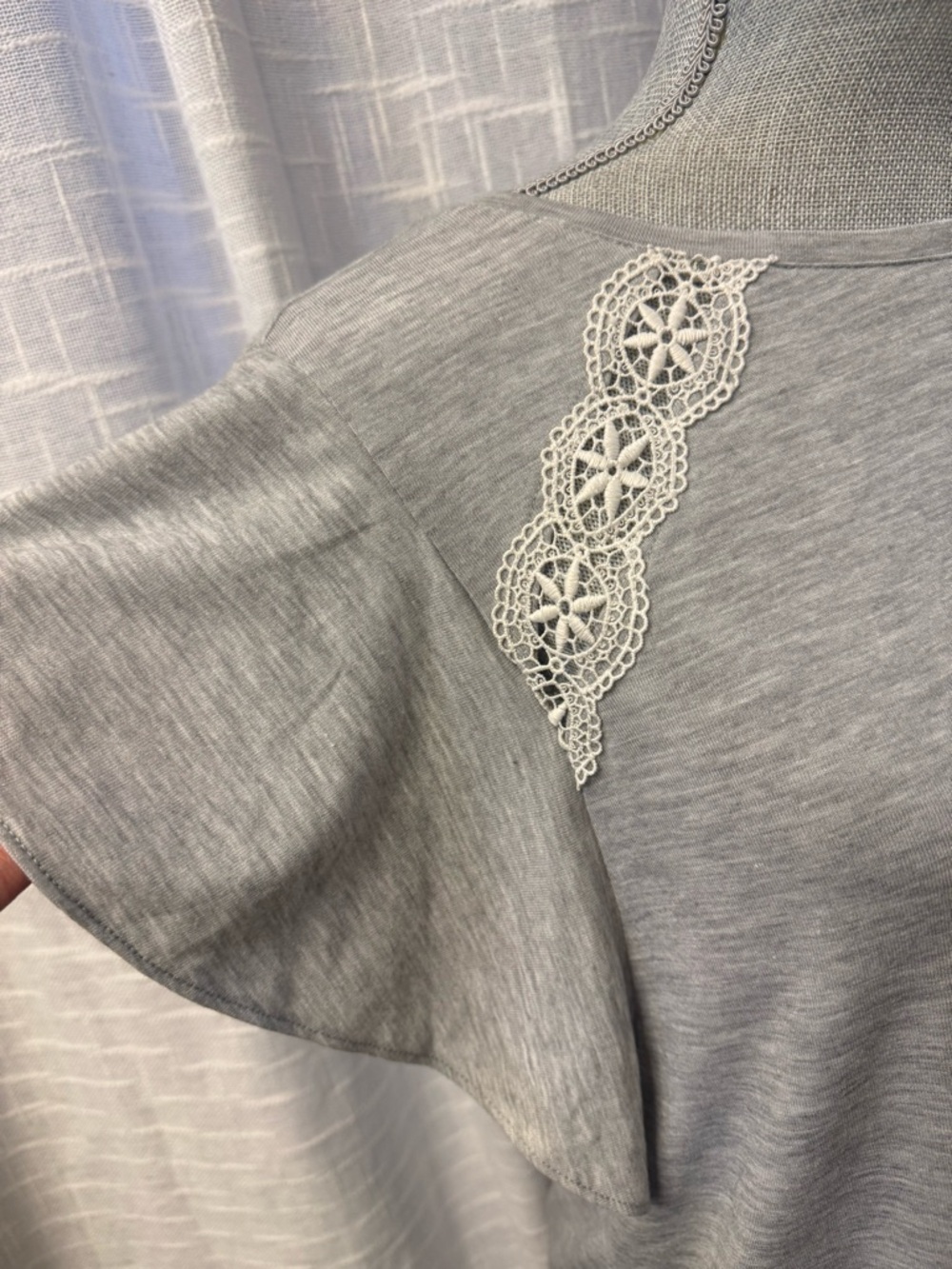 LOFT Gray Short Sleeve Knit Top with Lace Shoulder Detail - Picture 2 of 4